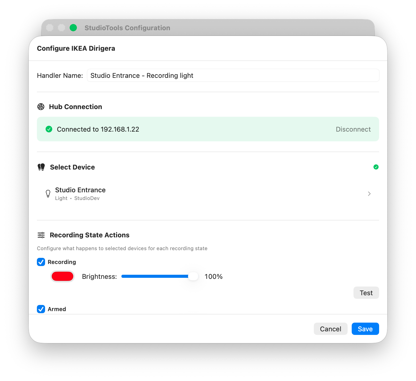 Configuring IKEA Dirigera light for studio state automation
