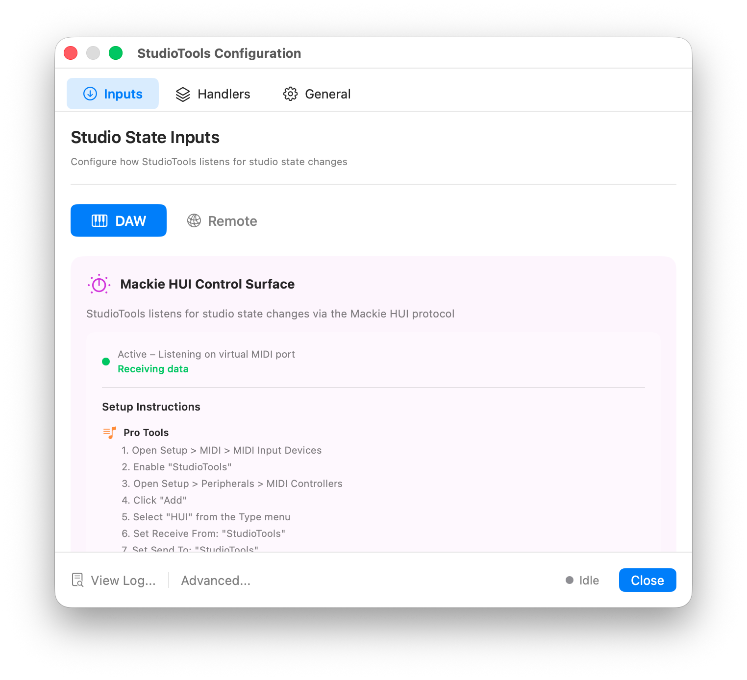 DAW input listening configuration panel showing MIDI/HUI settings