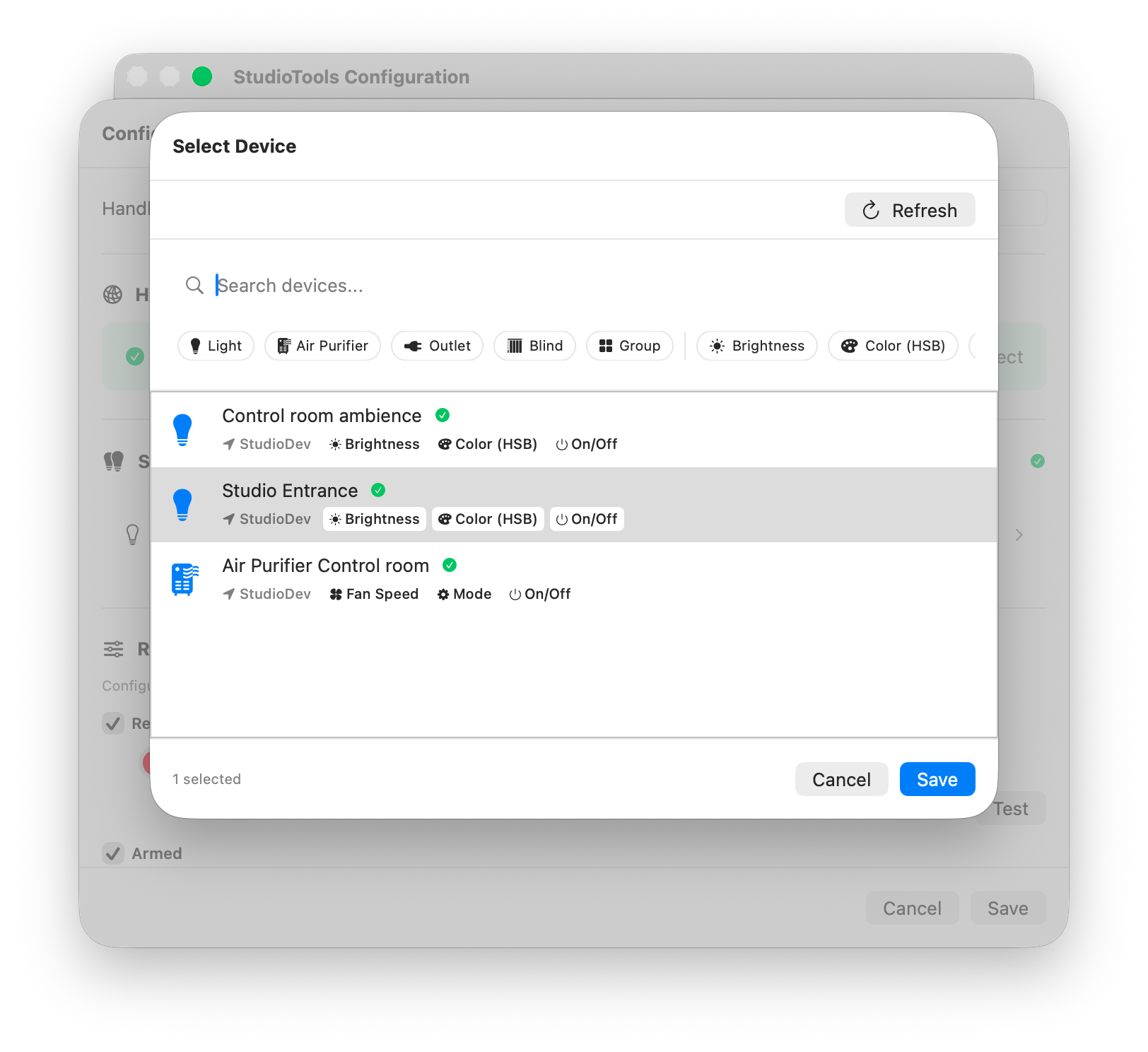 Device picker showing available IKEA Dirigera devices