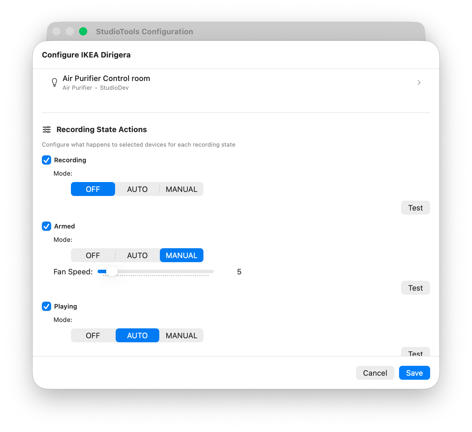 Controlling IKEA air purifier fan speed based on studio state