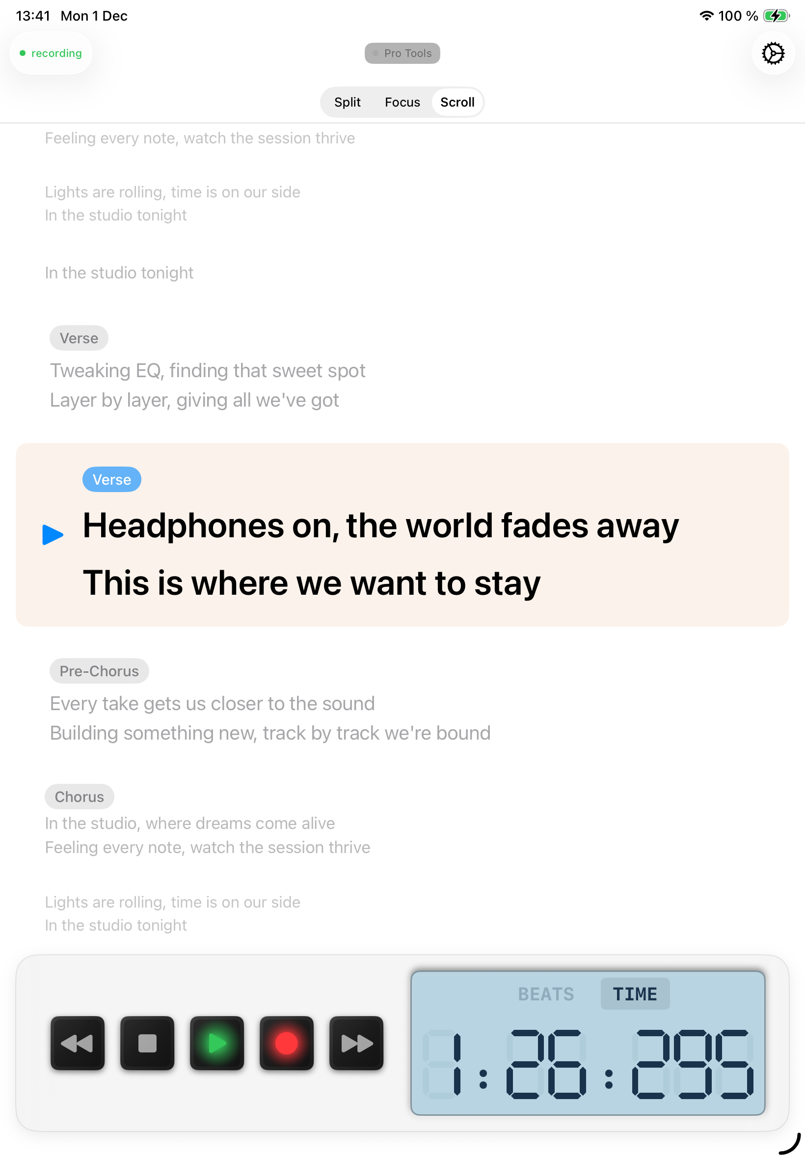 StudioTools Connect running on iPad showing lyrics teleprompter