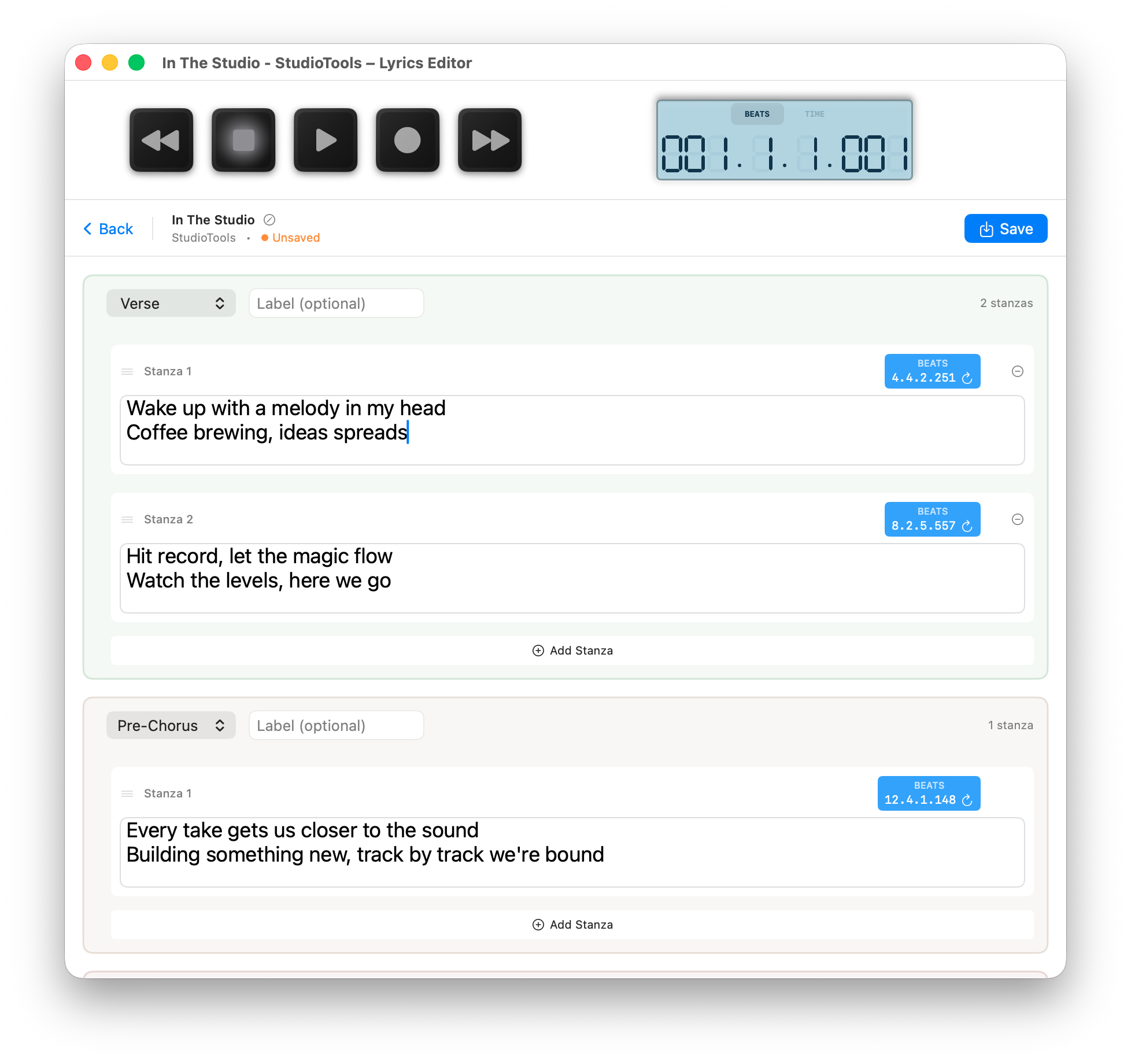 Lyrics Editor interface showing timestamped sections and stanzas